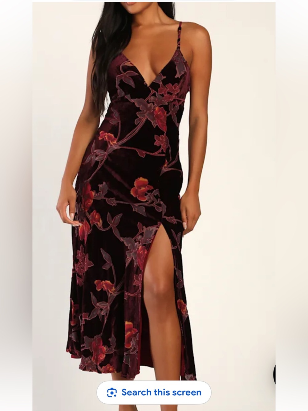 Lulu's Burgundy Floral Velvet Slip Maxi Dress with Side Slit